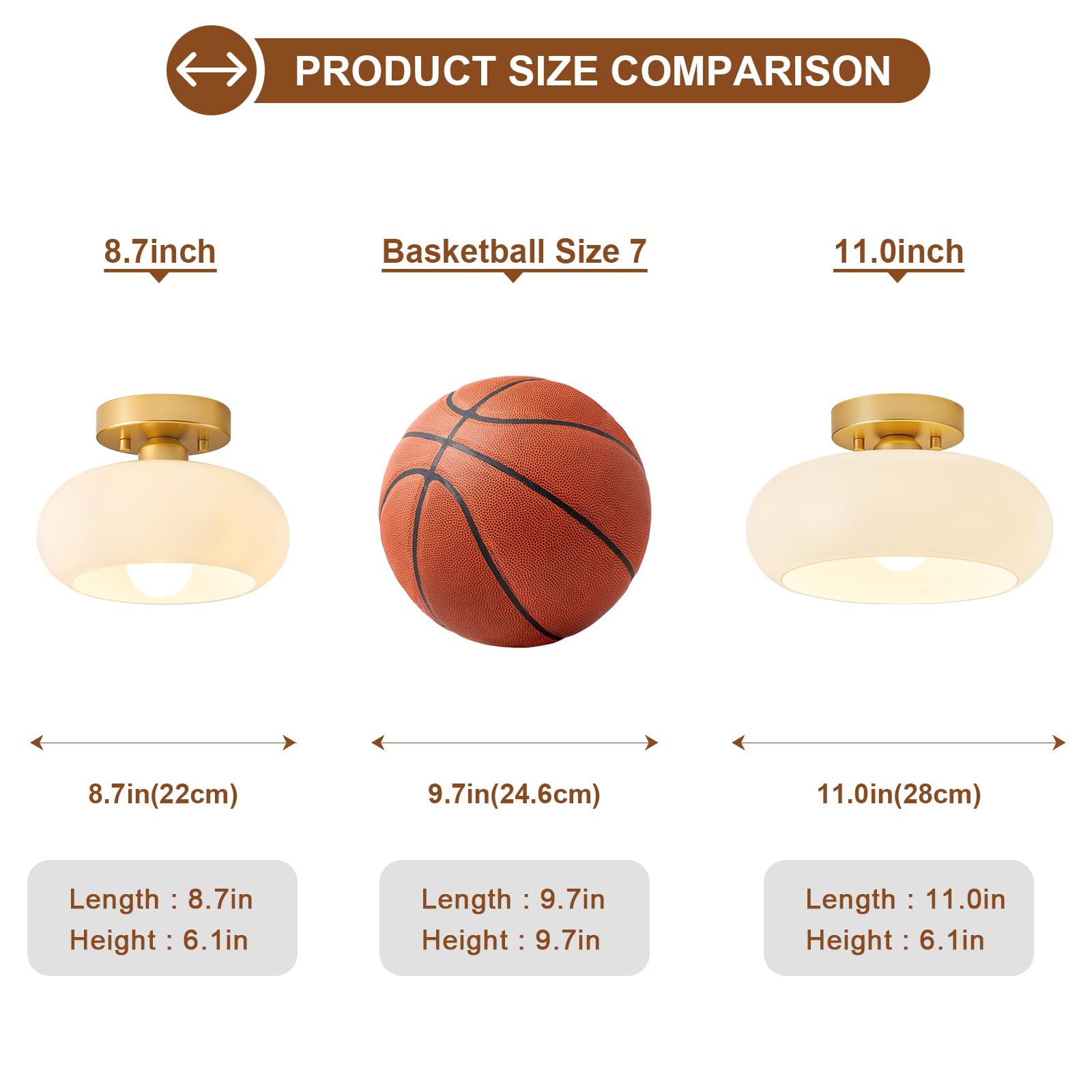 Woknos Mid-Century Modern Gold Semi Flush Mount Ceiling Light, Kitchen Ceiling Light Fixture With Glass Shade, Vintage White Clo