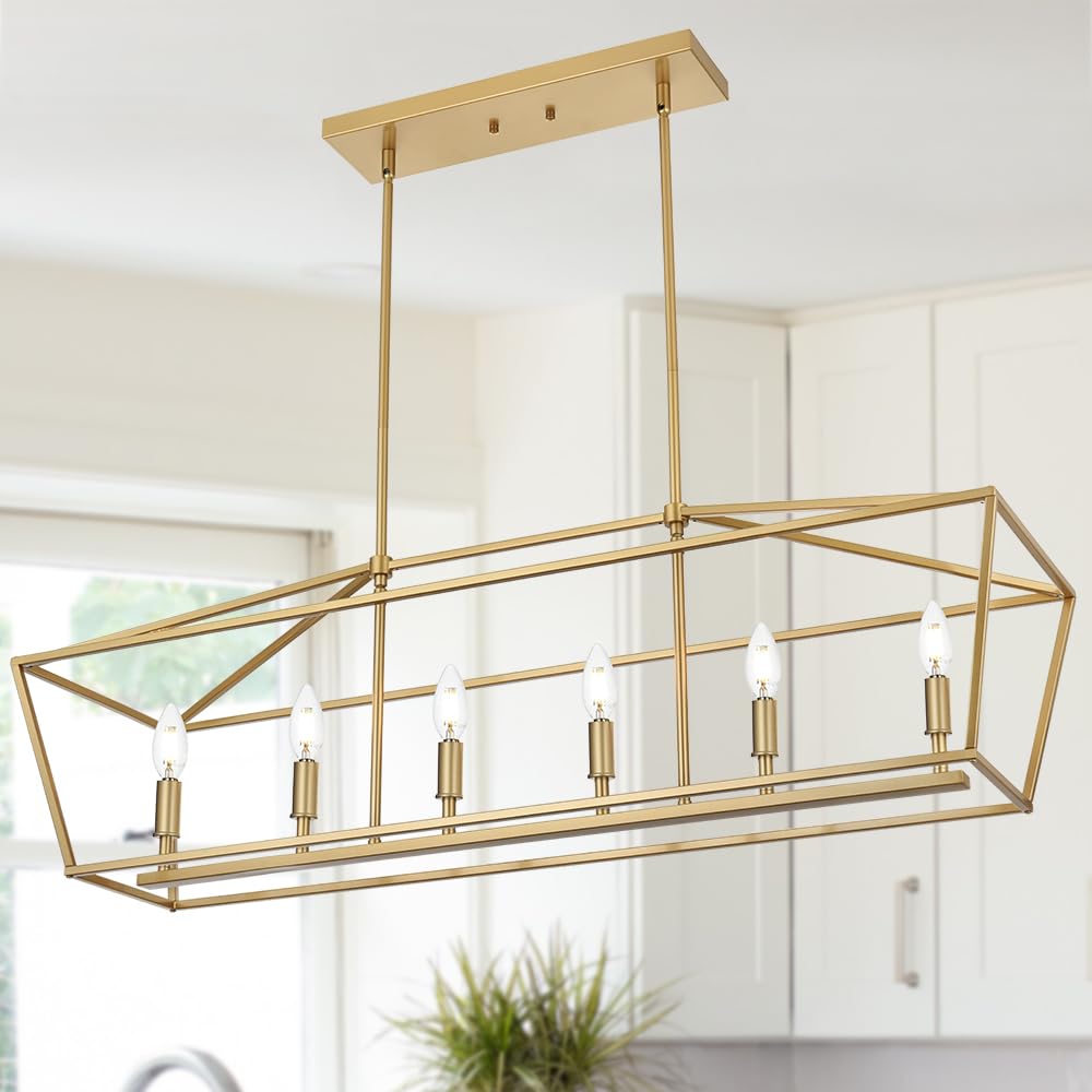 WINSHEN 6-Light Kitchen Island Lighting  Gold Linear Chandelier Dining Room Over Table  Rectangle Pendant Light Fixtures Golden Finish for Living Room