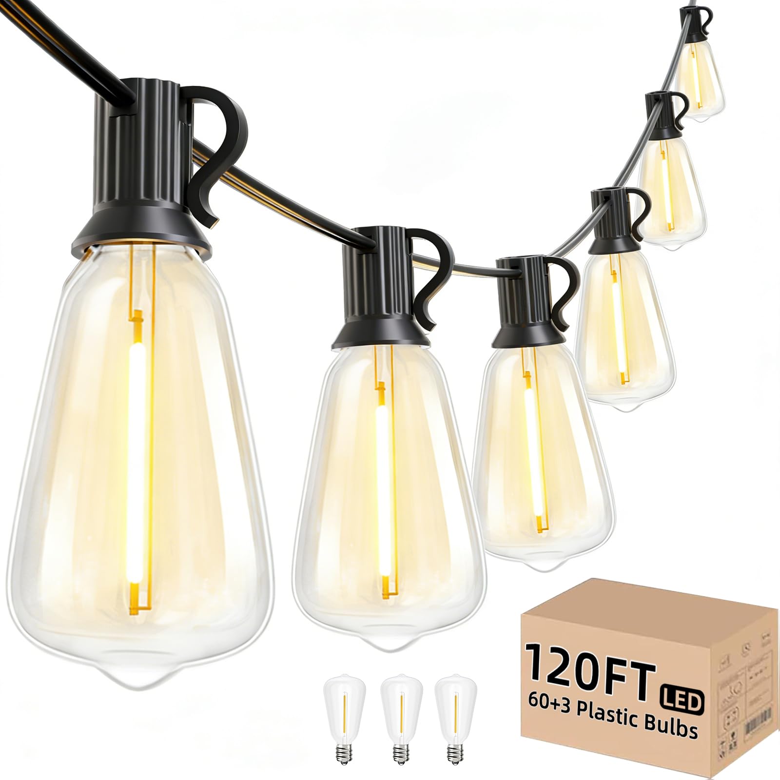 Svater Outdoor String Lights 120 FT ST38 Patio String Lights with 63 Waterproof Shatterproof LED Bulbs Connectable Lights for Ou
