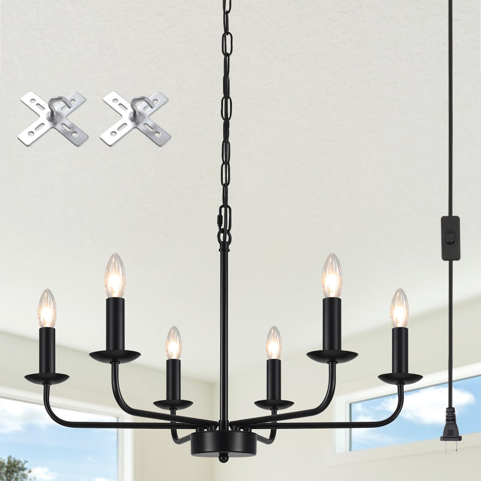 Zemsum 6-Light Plug-In Chandelier With Cord & Switch - Modern Hanging Lamp For Home Decor