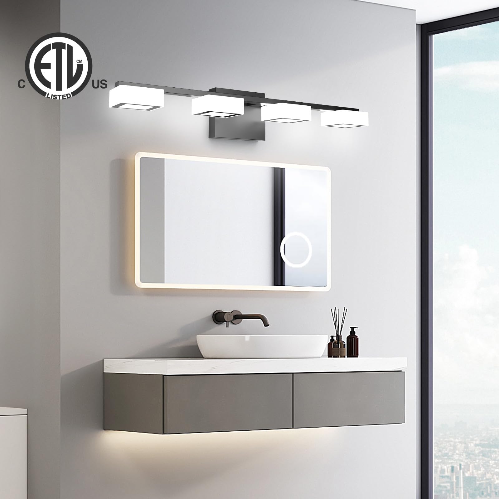 MYTH REALM 4-Light Dimmable Bathroom Vanity Light Fixture, Matte Black, 25.5 Inch, ETL Certified, Adjustable 2700K-6500K
