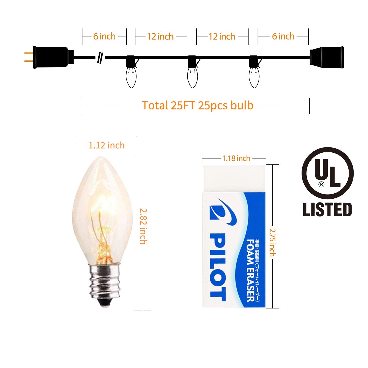 C9 Clear Christmas String Light Set, 25 Feet Vintage Christmas Tree Lights, Outdoor Roofline String Lights with 25 Clear Bulbs f