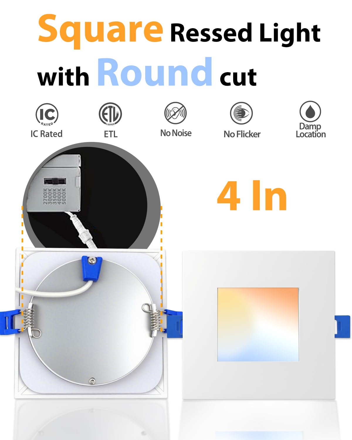 Adetu 12 Pack 4 Inch Square Led Recessed Lighting  5Cct Ultra Thin Square Led Ceiling Light With Junction Box  10W 860Lm  Cri90  2700K-5000K Selectable  Dimmable Canless Downlight  Etl And Energy Star