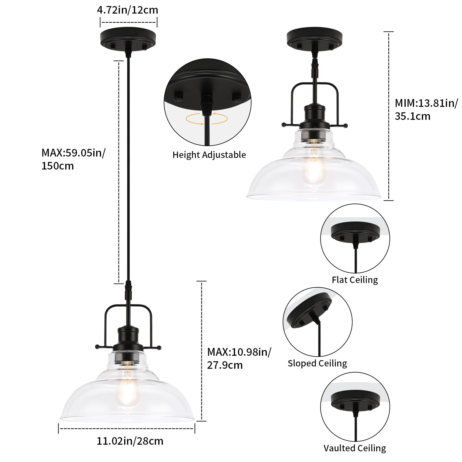 Wilon Farmhouse Pendant Lights Kitchen Island Lighting, Black Pendant Light Over The Sink, Vintage Clear Glass Pendant Light, In