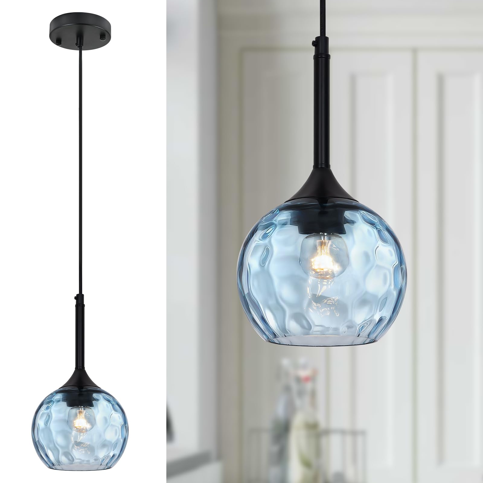 JHLBYL Blue Glass Pendant Light, Modern Hanging Fixture, 1-Light, Metal, EL-HGPL-BL-01