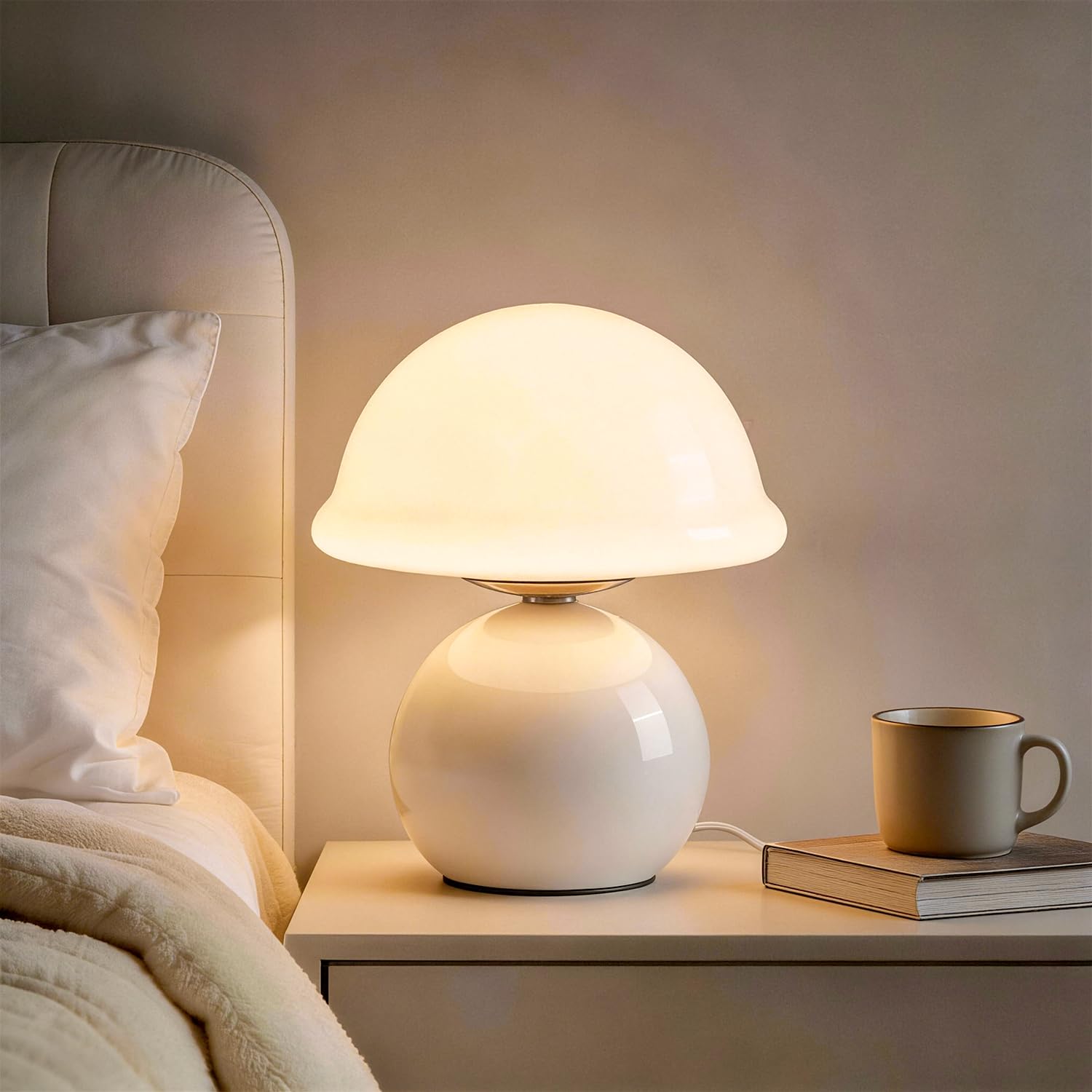 Komothala Mushroom Table Lamp for Bedroom, Cozy Bedside Lamp with Glass Shade, Stepless Dimmable Nightstand Lamp for Relaxing Be