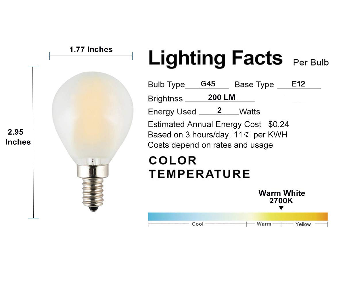 Opalray 2W Dimmable Mini Globe G45/G14 Led Bulb, Frosted Glass Housing, E12 Small Candelabra Base Lamp, Warm White 2700K 200Lm,