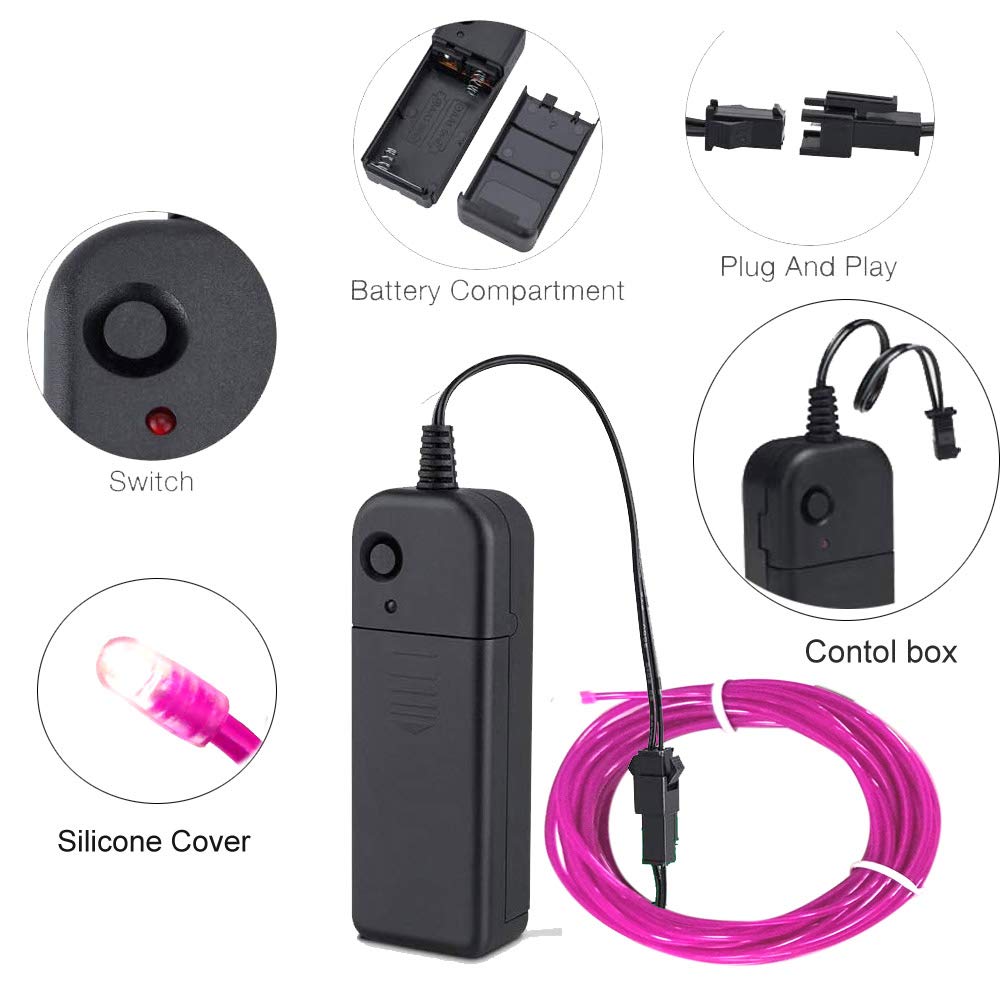 El Wire Purple, Maxlax 9.8Ft/3M Portable Battery Pack Neon Lights Strip 360° Cuttable Glowing Rope Lights For Parties, Halloween, Diy Decoration