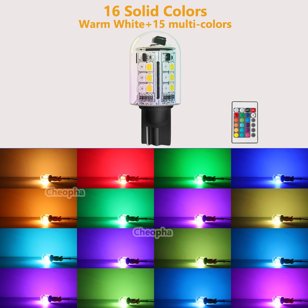Cheopha RGB T5 T10 Wedge Base LED Bulbs, 2-Pack, Warm White + Multi Colors, Glass, 12V for Halloween & Outdoor Lighting