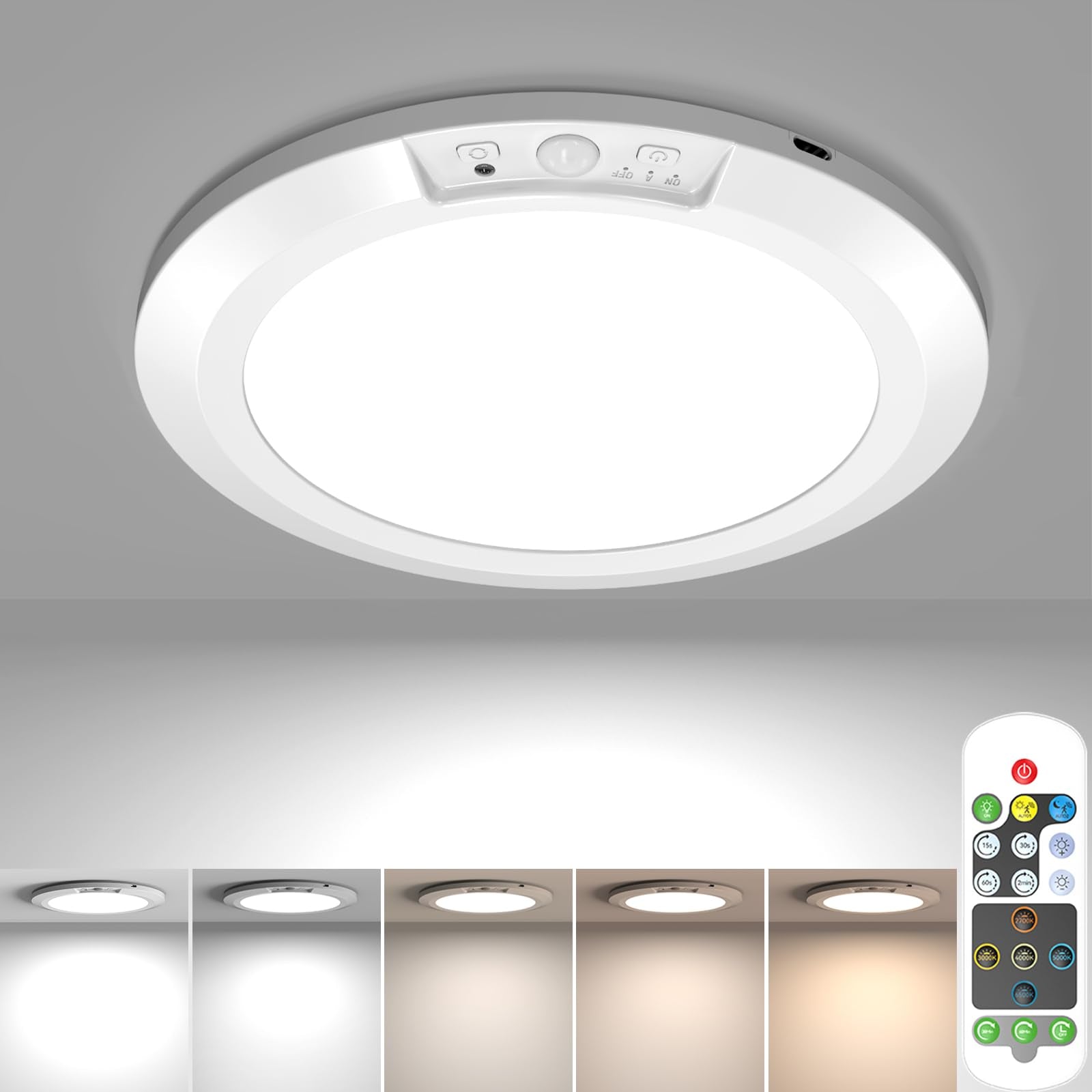 Awanber USB Rechargeable Motion Sensor Ceiling Light, Battery Operated Magnetic Closet Light with Remote 5 Color Temperatures Di