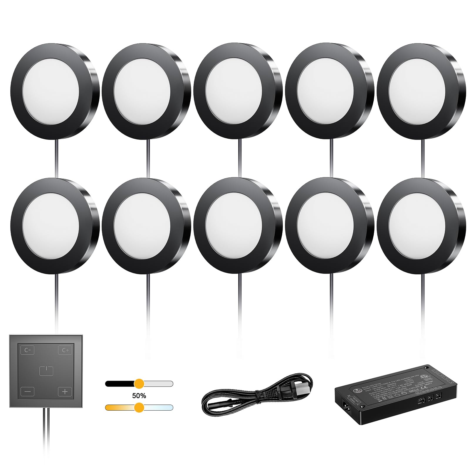 VST Under Cabinet Lights, Adjustable CCT 3000K-6000K, Plug-in LED Puck Lights, 10-Pack, Black, Model PL05-W-CC-B-10pack