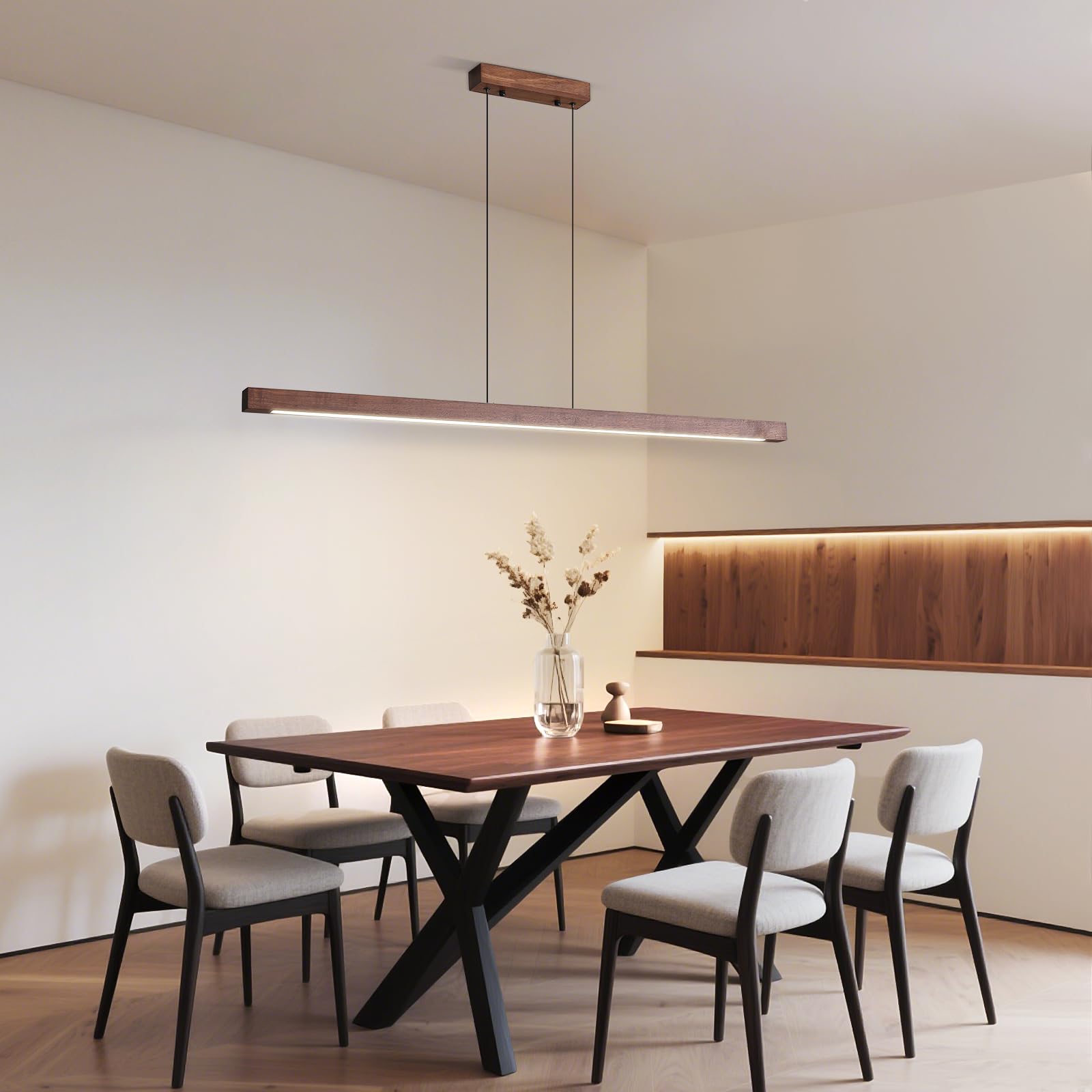 Modern Wooden Pendant Light  47In Walnut Wooden Chandelier With Remote Control 3000K-6500K Adjustable Color Temperature Aluminum Island Lighting Lamp For Dining Room  Living Room B