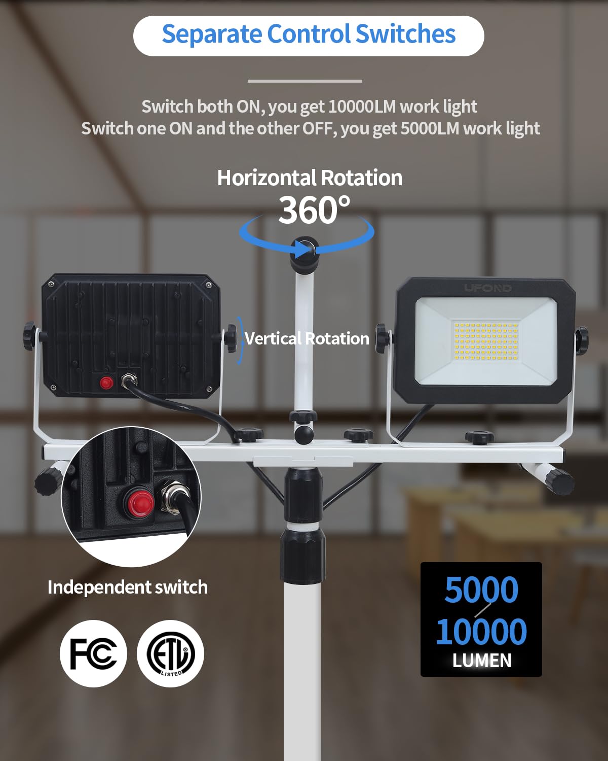 Ufond 10000 Lumen Led Work Light With Stand, Dual Head Work Light, Waterproof Lamp With Individual Switch, Adjustable Metal Telescoping Tripod With Power Cord (2 Pack)