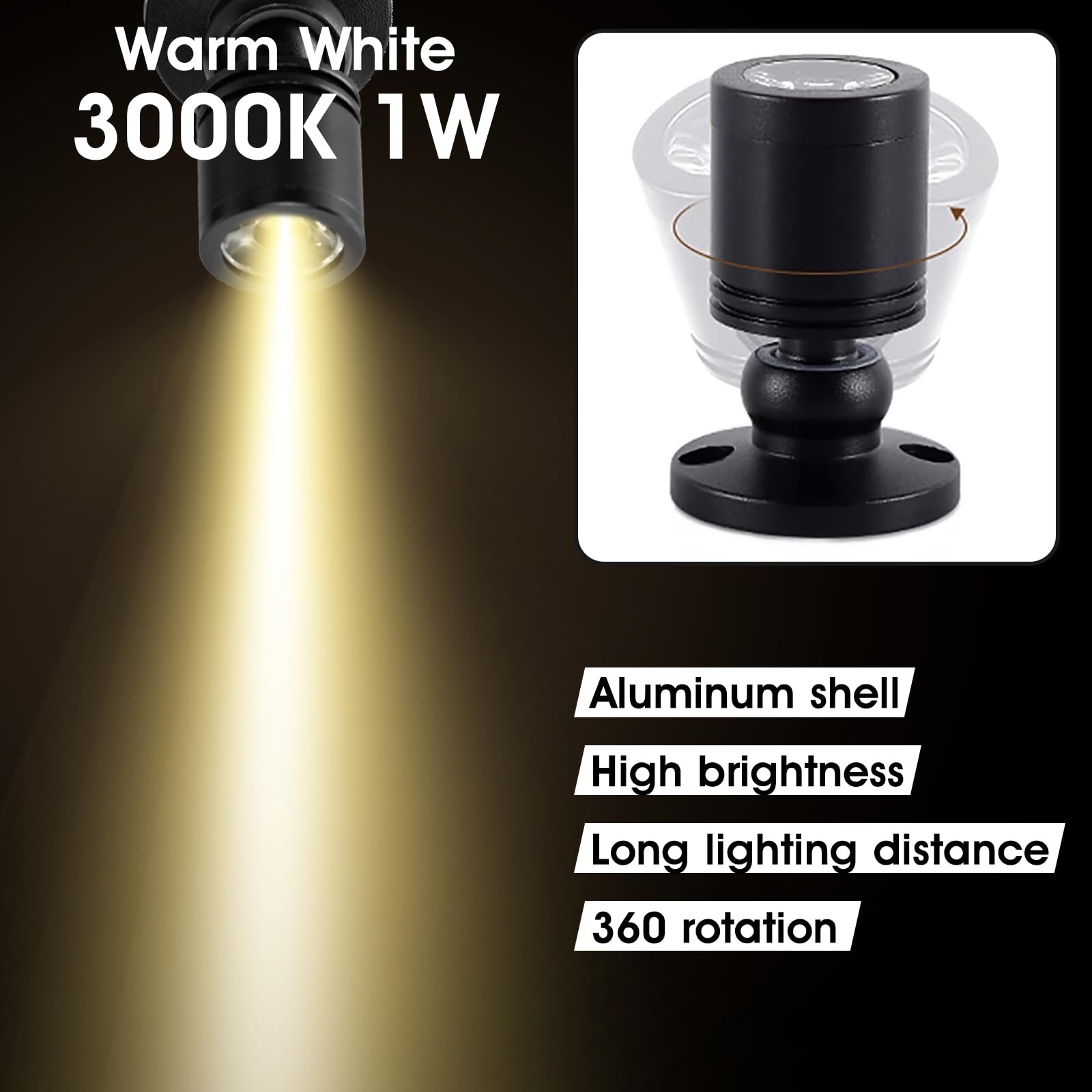 DEDC Mini LED Spot Lights, 6pcs Warm White 1W Under Cabinet Lighting with Dimmer, Aluminum, USB Plug, Pushbutton Switches