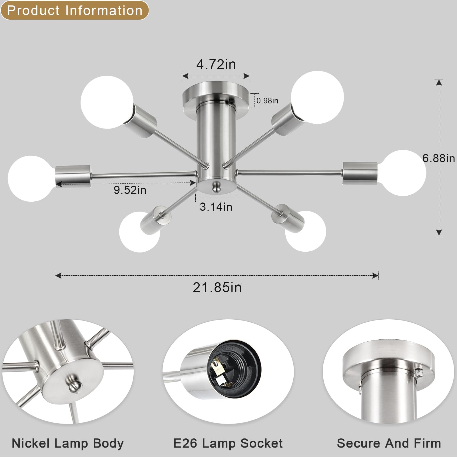 Mrhyswd Semi Flush Mount Ceiling Light Fixture 6 Light Brushed Nickel Sputnik Chandeliers For Dining Room Light Fixture Mid Century Modern Ceiling Lamp For Living Room Bedroom Hallway Kitchen Light