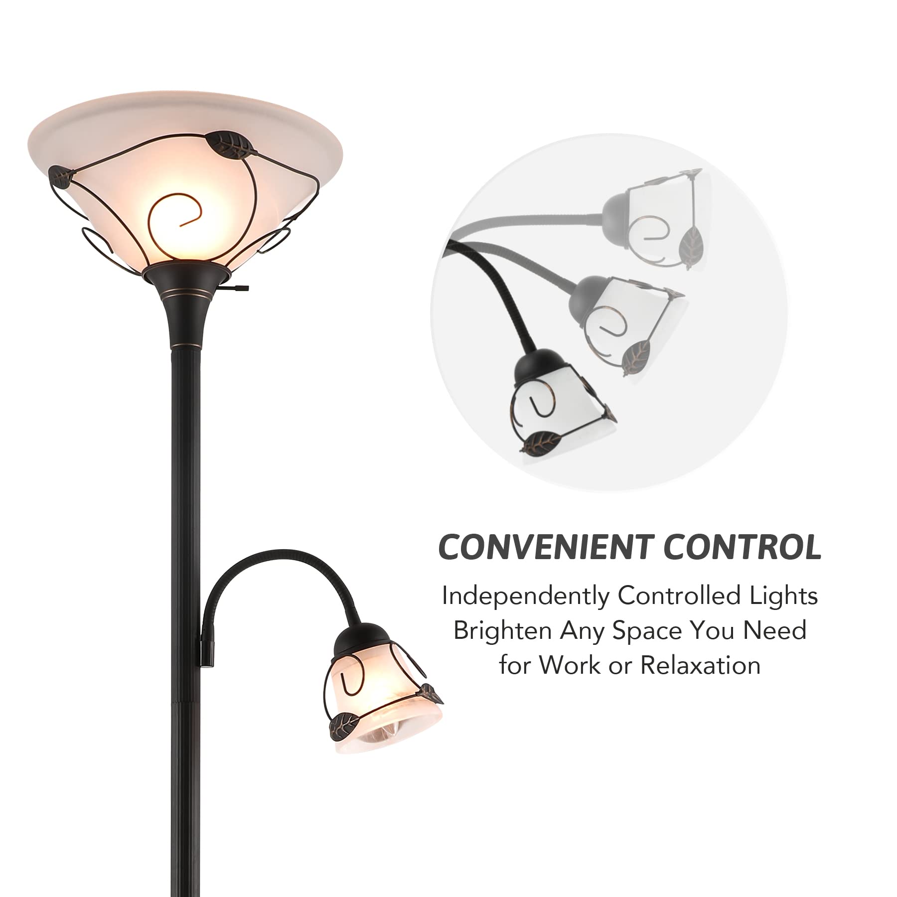 Vonluce Torchiere Floor Lamp With Side Reading Light, 3-Way Switch Combo Antique Bronze Mother Daughter Floor Lamp With Glass Sh