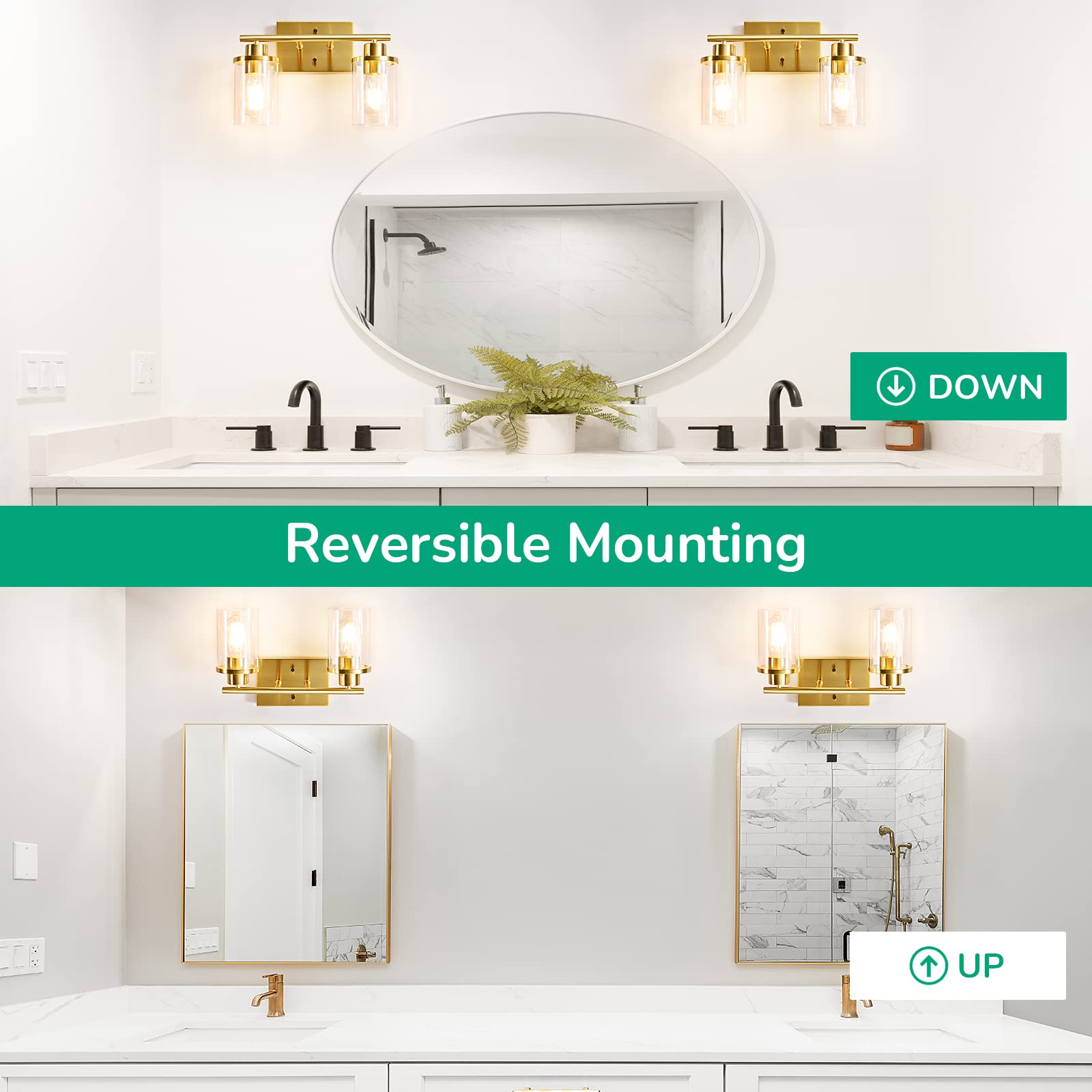 EDISHINE Bathroom Light Fixtures, 2-Light Gold Bathroom Vanity Light, Modern Wall Sconces with Clear Glass Shades for Bathroom,