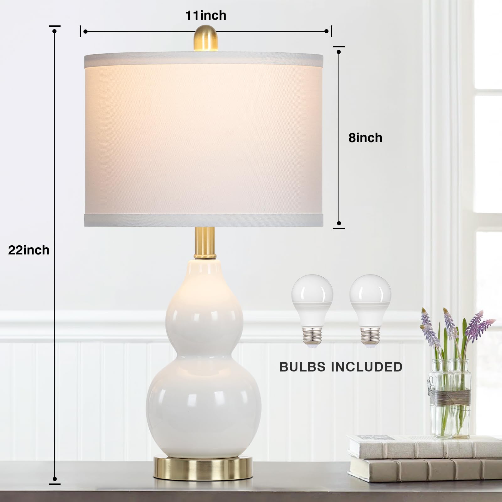 Rinweey Double Gourd Ceramic Table Lamps Set of 2, Modern White Nightstand Lamps for Bedroom, Large Size (Bulb Included)