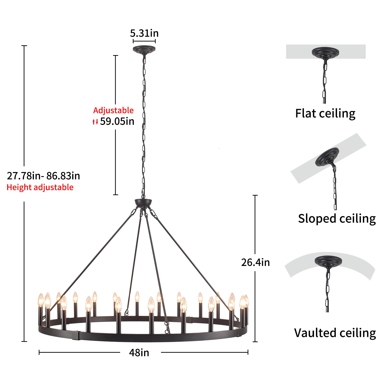 Rviezza 24-Light Black Wagon Wheel Chandelier, 48" Extra Large for High Ceilings, Matte Black, Ideal for Dining Room and Foyer