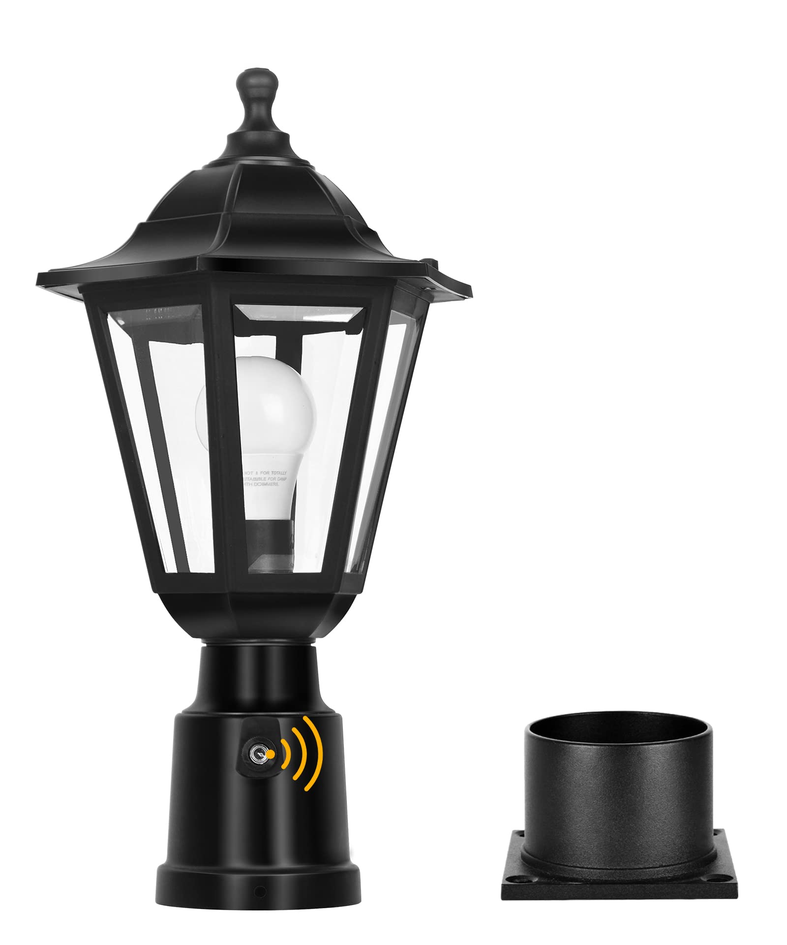 FUDESY Dusk to Dawn Sensor Outdoor Post Light, Waterproof Plastic Lantern, Black, Model FDS6163B1PS, LED Bulb Included