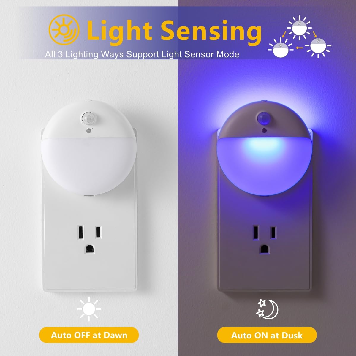 Yunlex 2 Pack Plug In Night Light With 3 Lighting Ways, Stepless Dimming, Light Sensor, Blue Led Nightlight For Bathroom, Hallwa