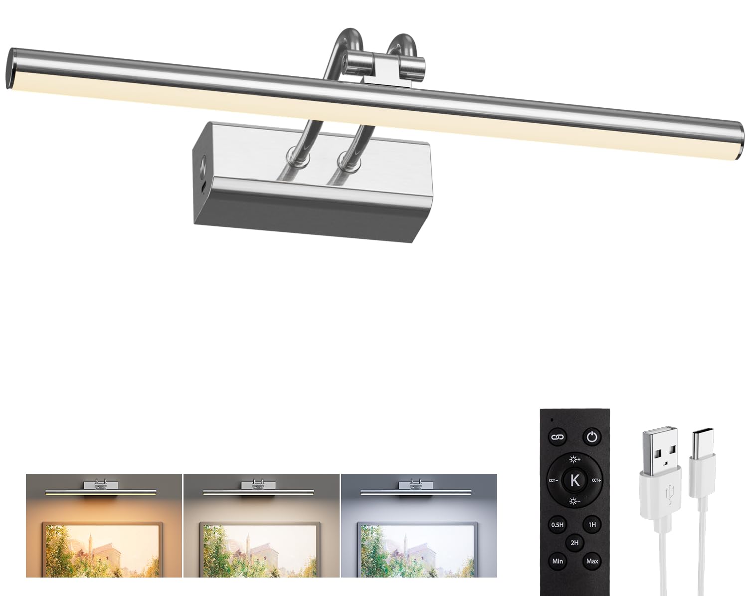 Percantis Picture Light for Wall, Platinum Silver, Battery Operated