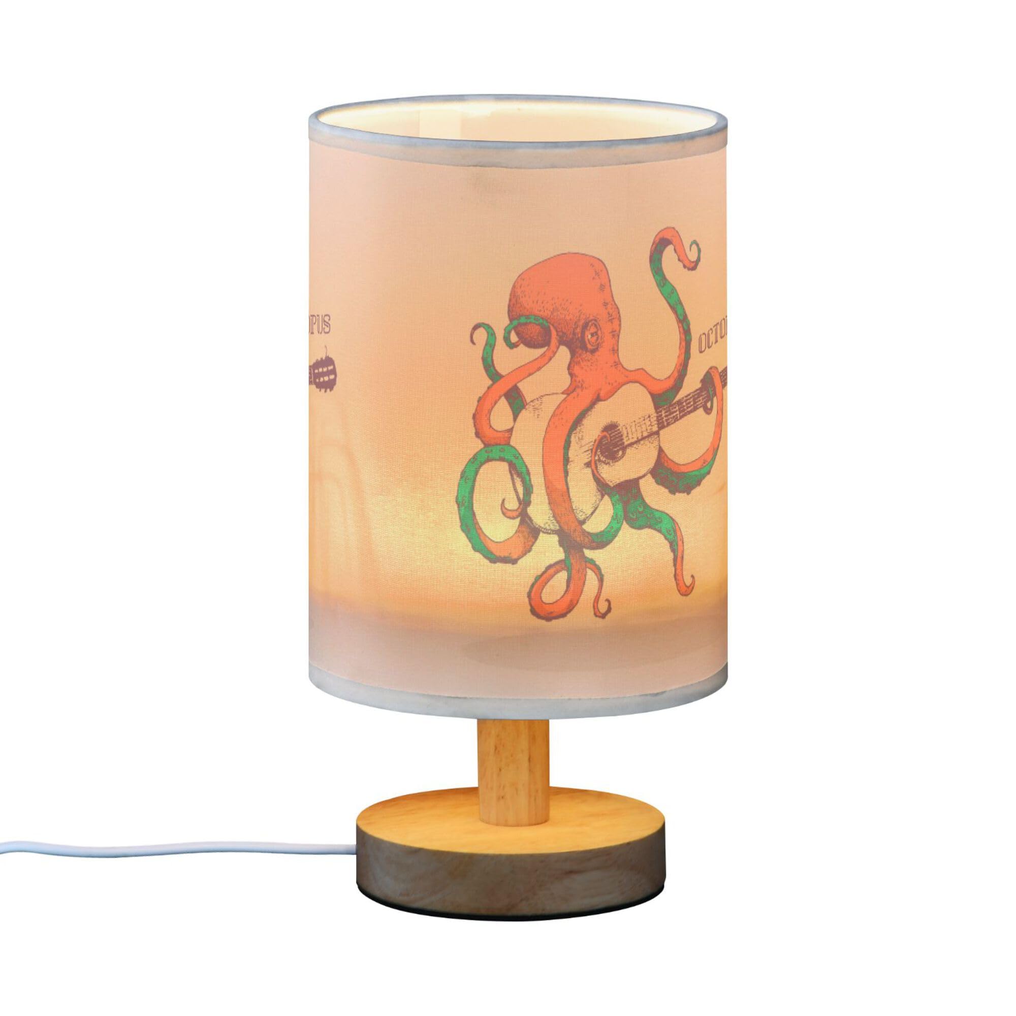 Yyzzh Table Lamp Vintage Octopus Play Guitar Ocean Marine Sea Life Design Nightstand Lamp With Wood Base Fabric Lamp Shade Bedsi