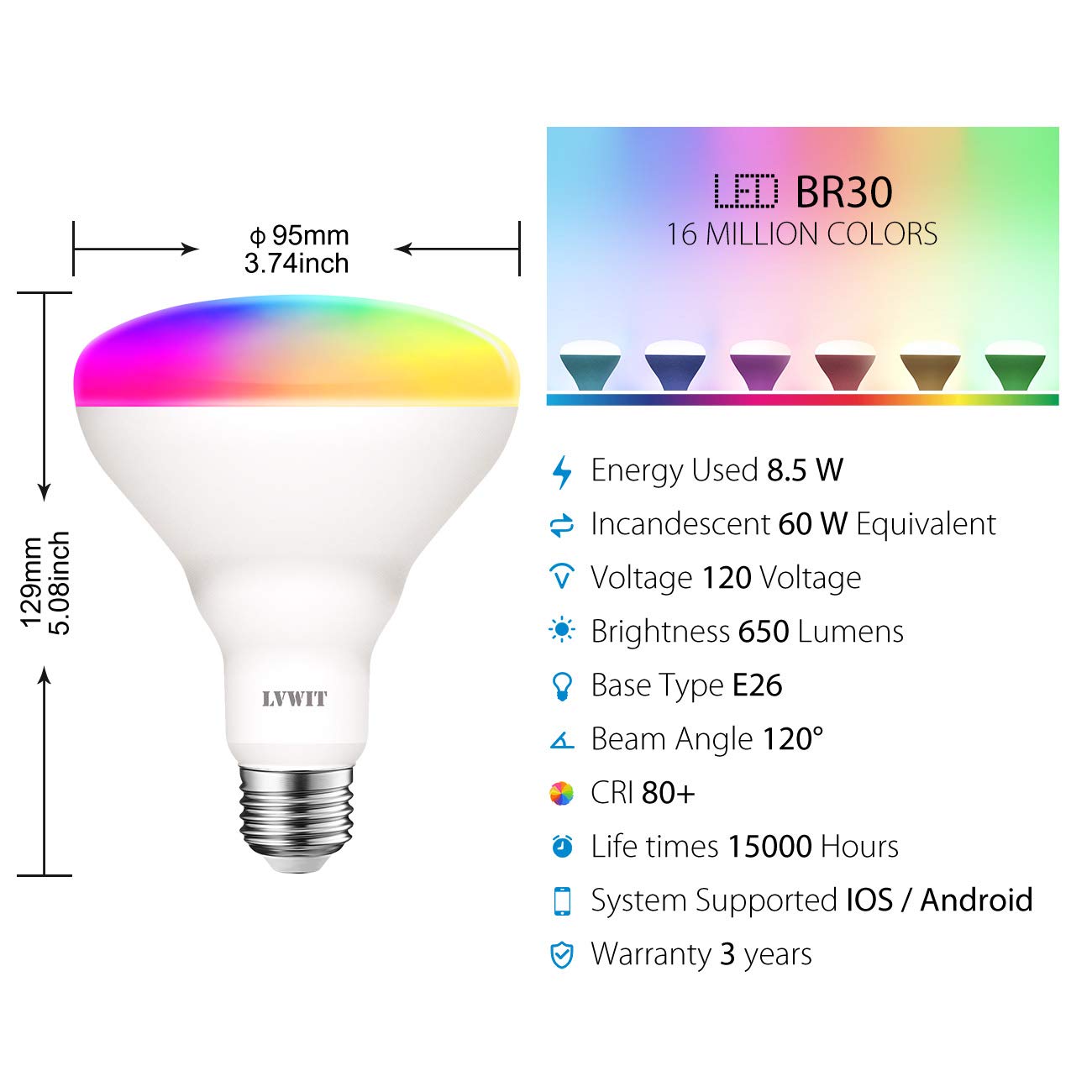 LVWIT Smart LED Light Bulbs, 8.5W, RGB Color Changing, E26, Works with Alexa & Google Assistant, 4 Count