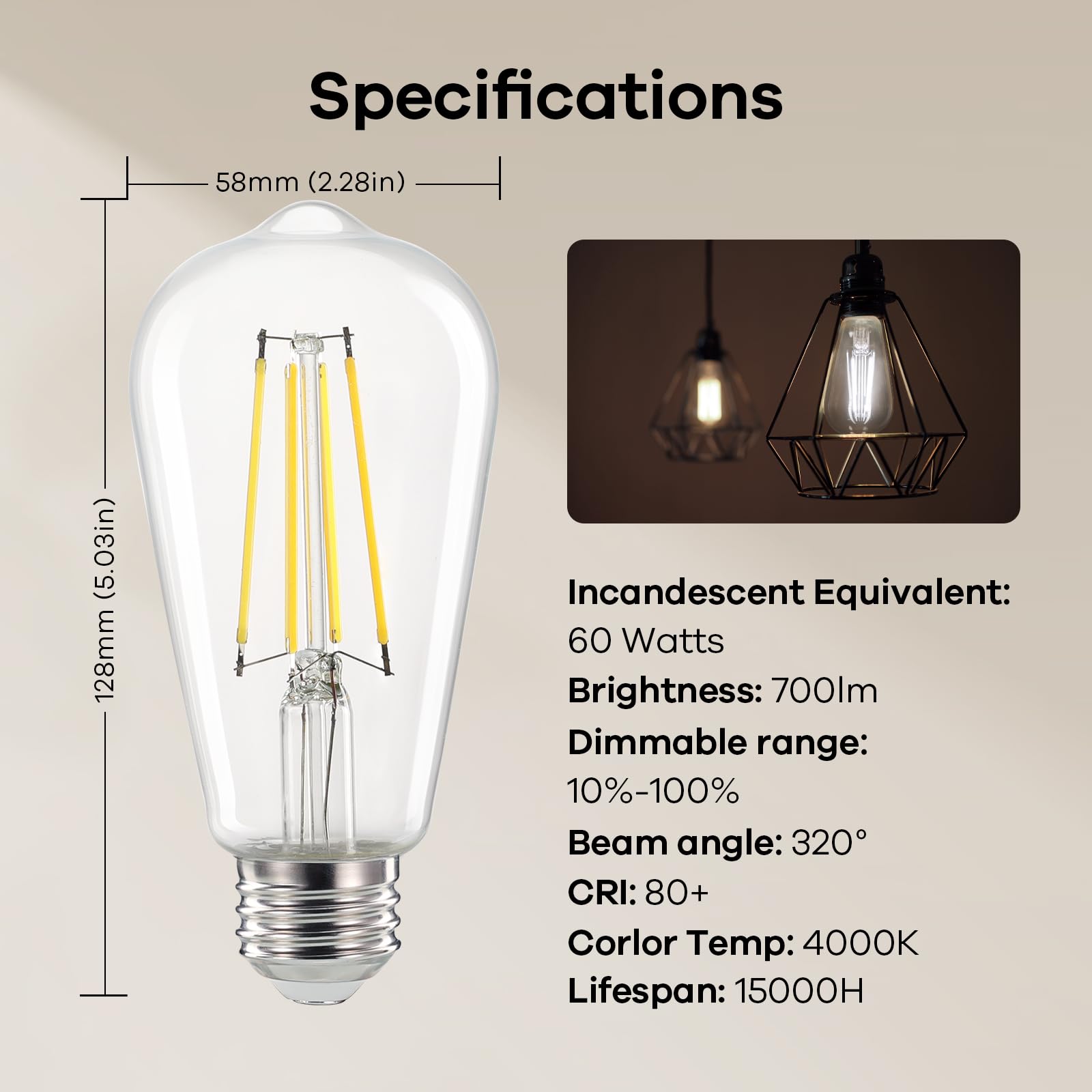 Linkind Edison Light Bulbs Dimmable, 60W Equivalent E26 Vintage Edison Led Bulbs St58 Antique Decorative Filament Led Light Bulb