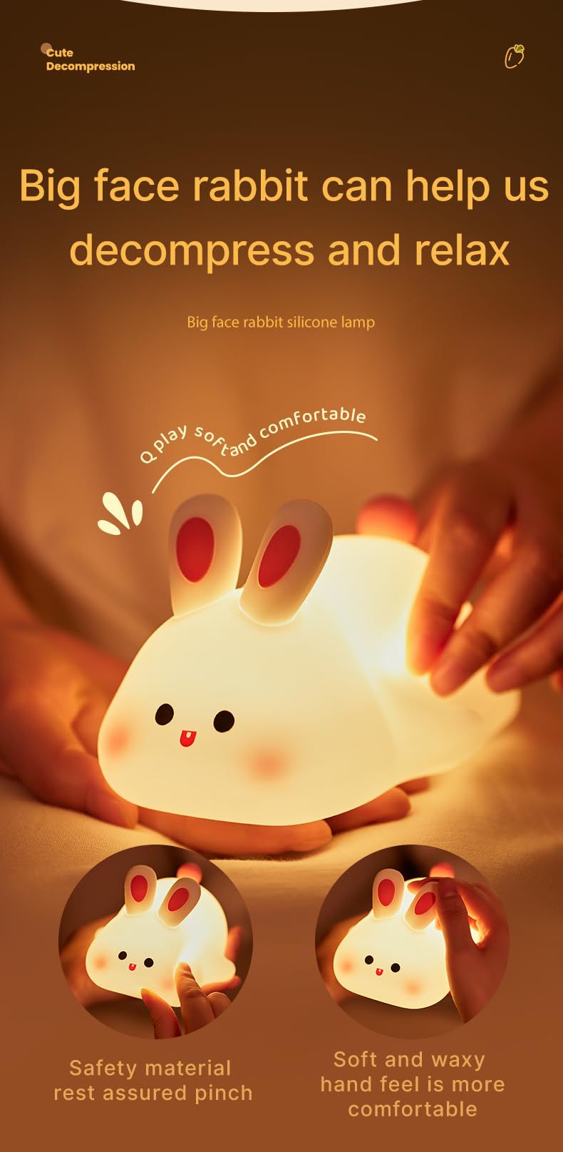 Atsui Rabbit Night Light  Led Squishy Novelty Animal Night Lamp  Food Grade Silicone 3 Level Dimmable Nursery Nightlight For Desk Decor  Funny Gifts Stuff For Boys Girls Baby  White Elephant Gifts