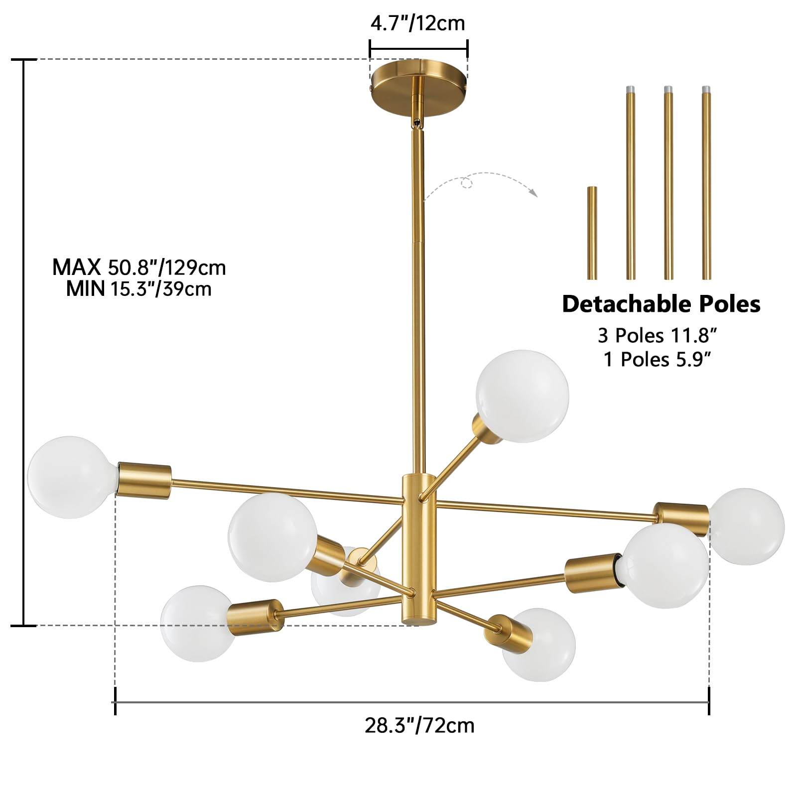 Ruiyey Modern Sputnik Chandeliers Light, 8-Light Gold Dining Room Chandelier Over Table, E26 Mid Century Ceiling Light Fixtures