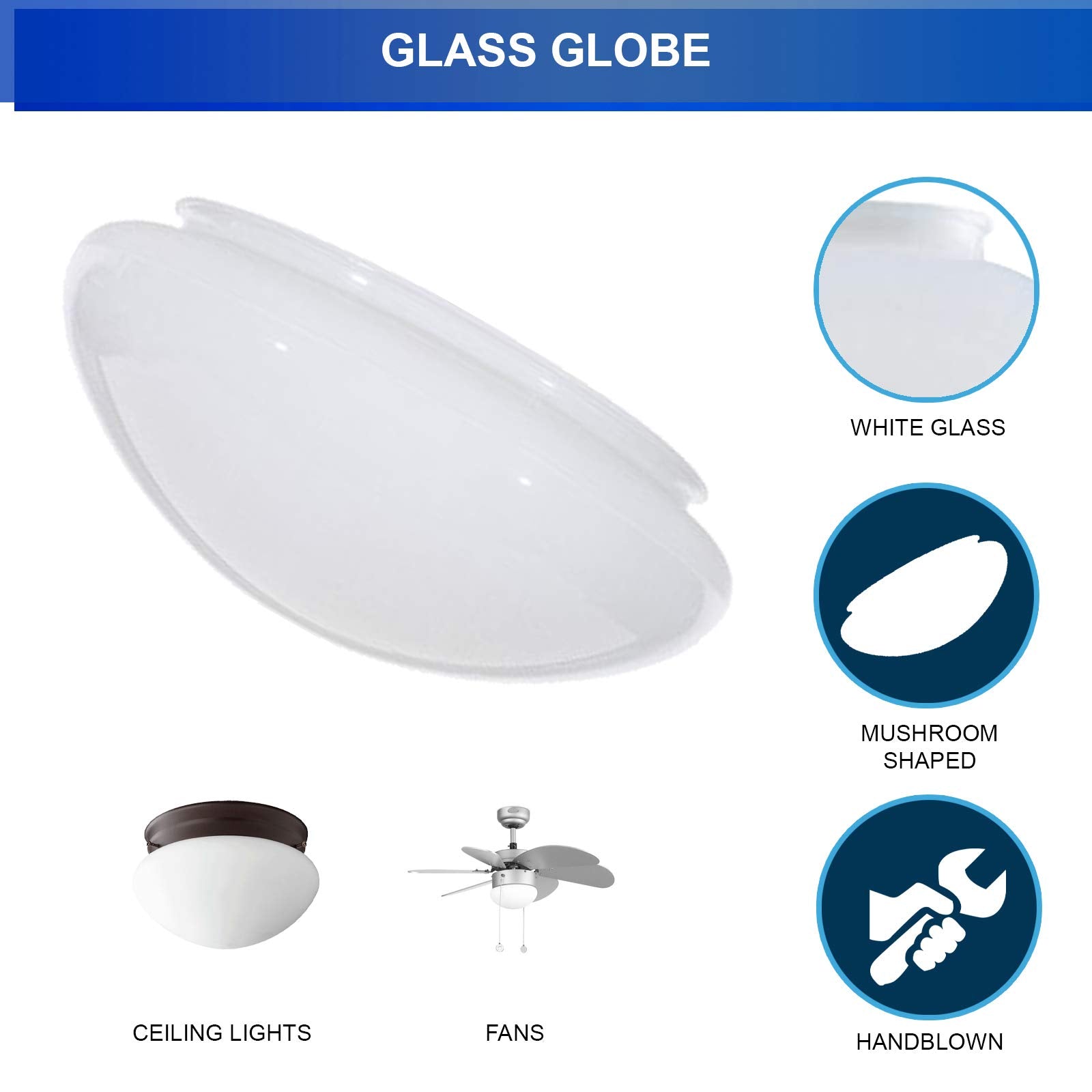 Dysmio 10-Inch White Classic Globe, Dome, Fitter 9-7/8 Inch, Replacement Mushroom Glass Shade For Pendant, Fan Light , Bathroom