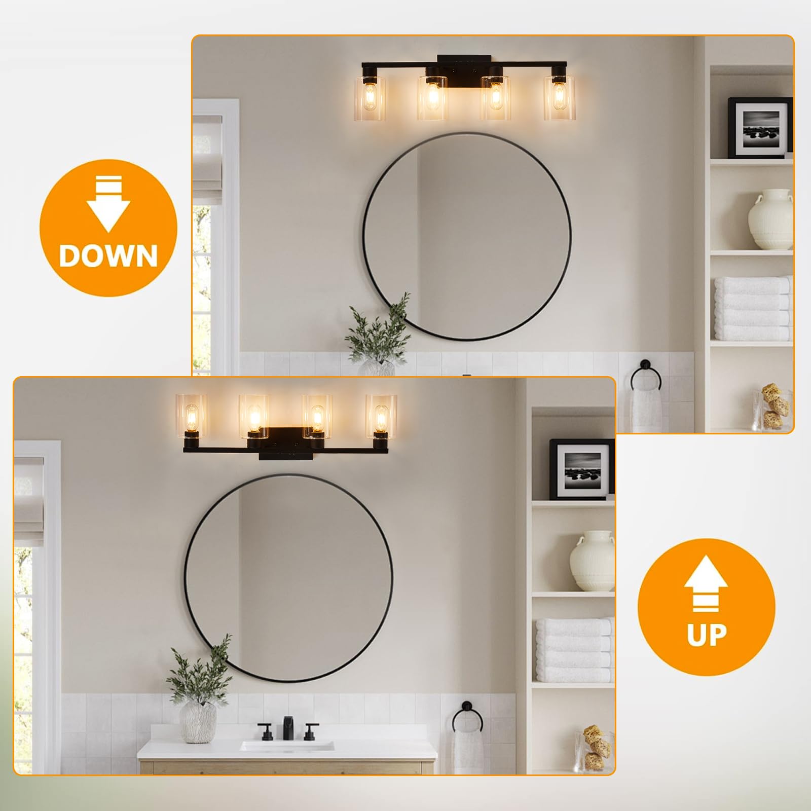 Sopeas 4 Light Bathroom Vanity Light Fixtures  Black Farmhouse Bathroom Vanity Light With Clear Glass Shade  Bathroom Lighting Fixtures Over Mirror  Vanity Lights For Bathroom Mirror