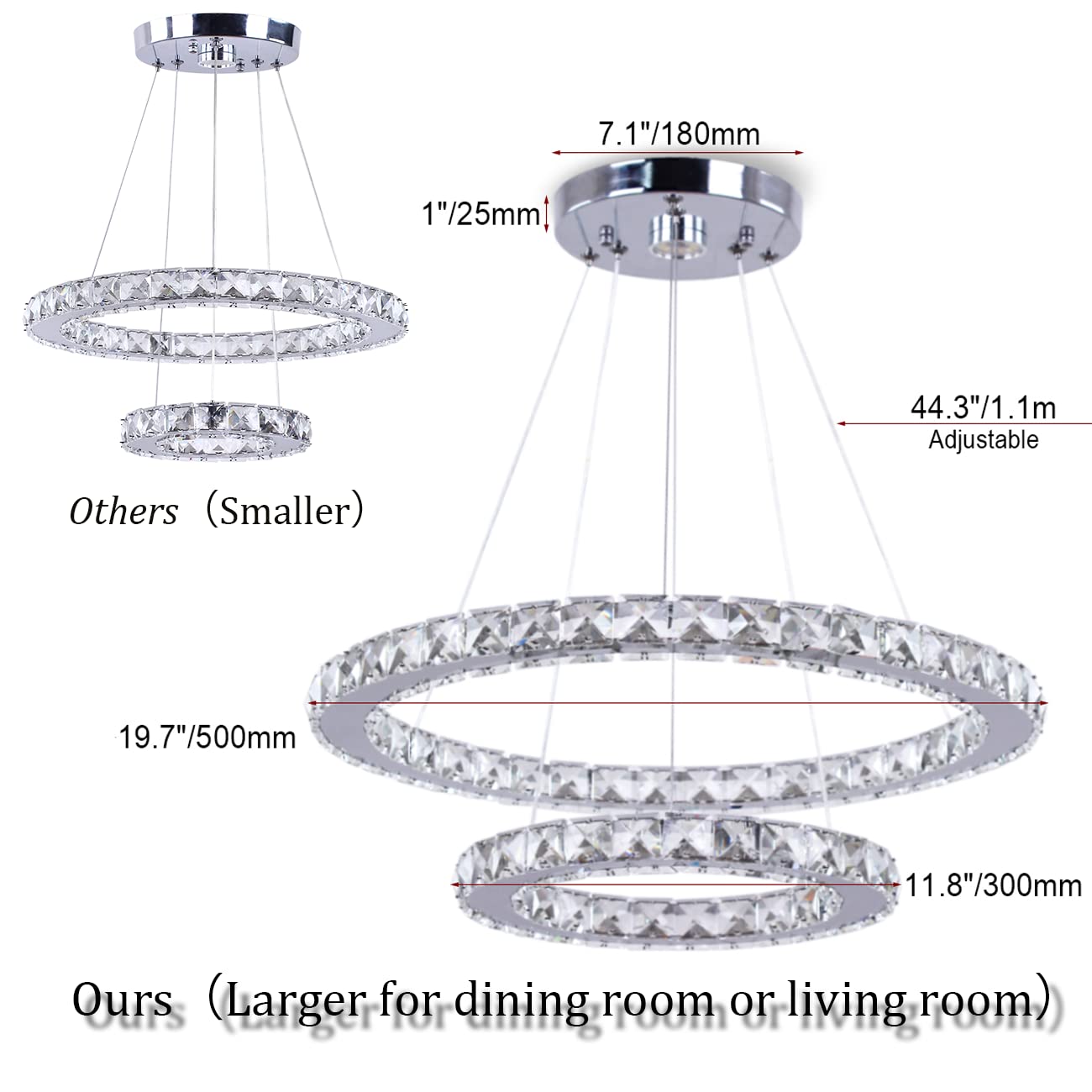 TongLan LED Crystal Chandelier Pendant Light, Adjustable 2 Rings, 19.7"x11.8", Cool White, Stainless Steel for Dining and Living Room