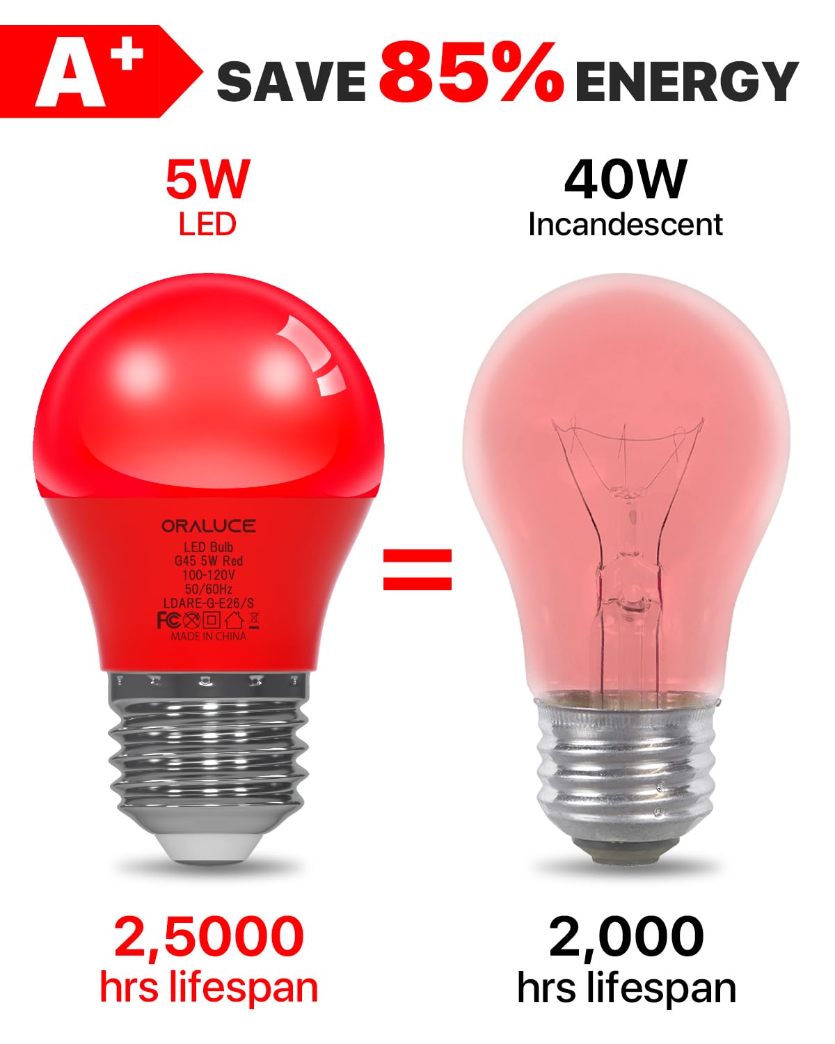 ORALUCE A15 LED Red Porch Light Bulbs, 5W 450LM Non-Dimmable, E26 Base, 6 Pack, Ideal for Halloween and Christmas Decoration