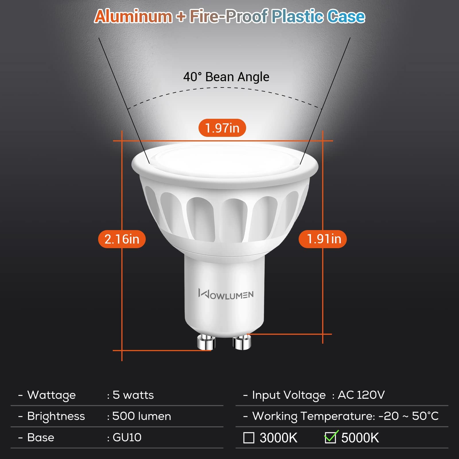Wowlumen Dimmable Gu10 Led Light Bulbs, 5000K Daylight Mr16 Gu10 Replacement For Recessed Track Lighting, 5W 500Lm Led Bulbs 40