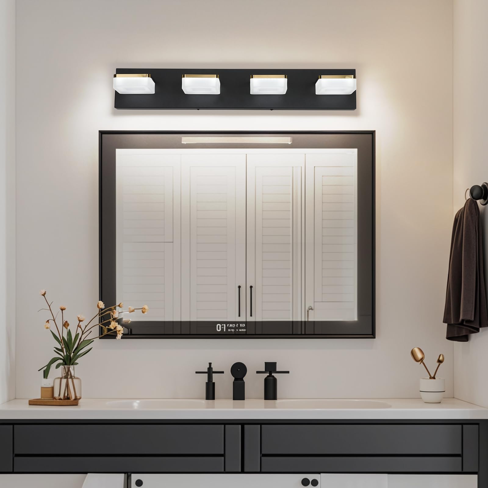Bicrink 4-Light Dimmable Led Bathroom Vanity Fixture In Black/Gold With White Acrylic Shades  Rotatable Head  Sconce-Style Over-Mirror Lighting 5500K