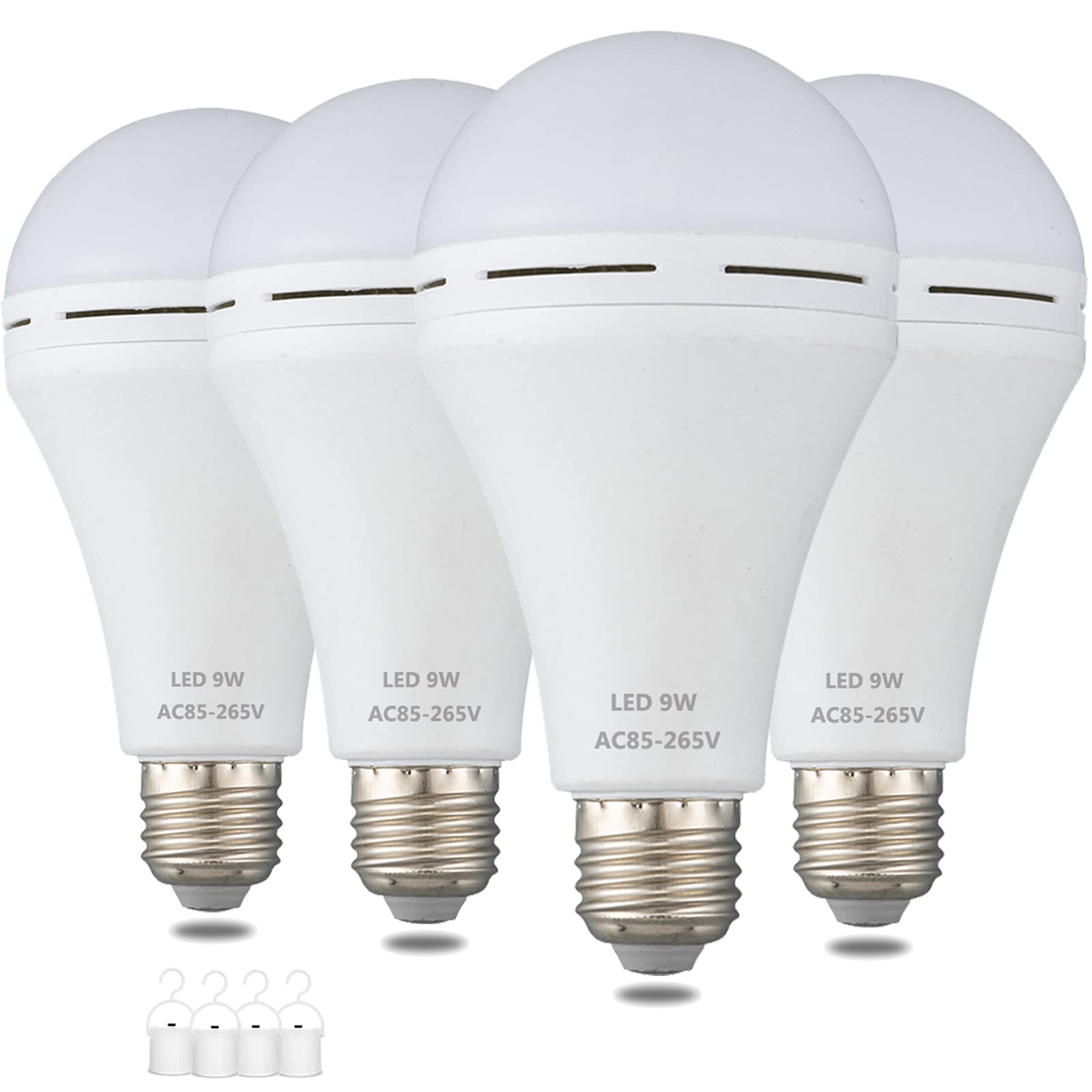 Furoching A19 Emergency Rechargeable LED Light Bulb, 9W 6000K, E26 Base, 4-Pack for Home and Camping