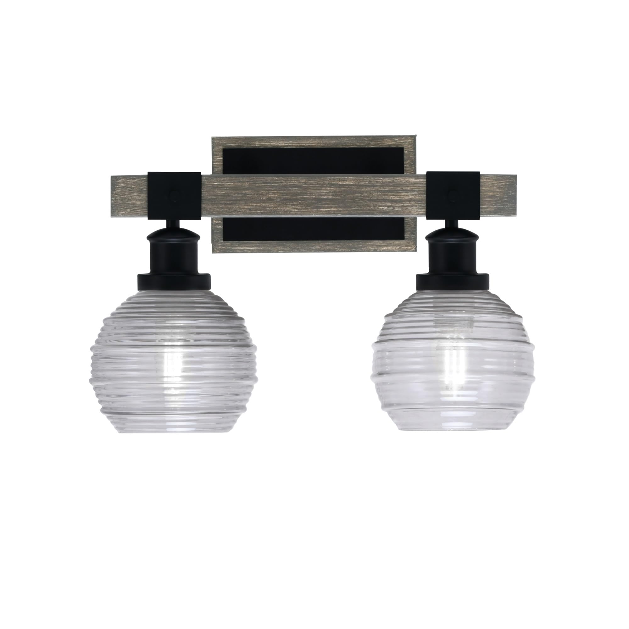 Toltec Lighting Tacoma 2 Light Bath Bar - Matte Black & Distressed Wood-Look Metal, 6in Smoke Ribbed Glass