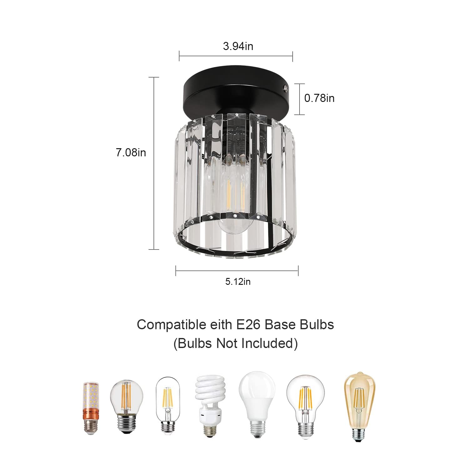 Goeco Crystal Ceiling Light Fixture, Modern Mini Semi Flush Mount Ceiling Light Fixtures, E26 Black Indoor Lighting Fixture For