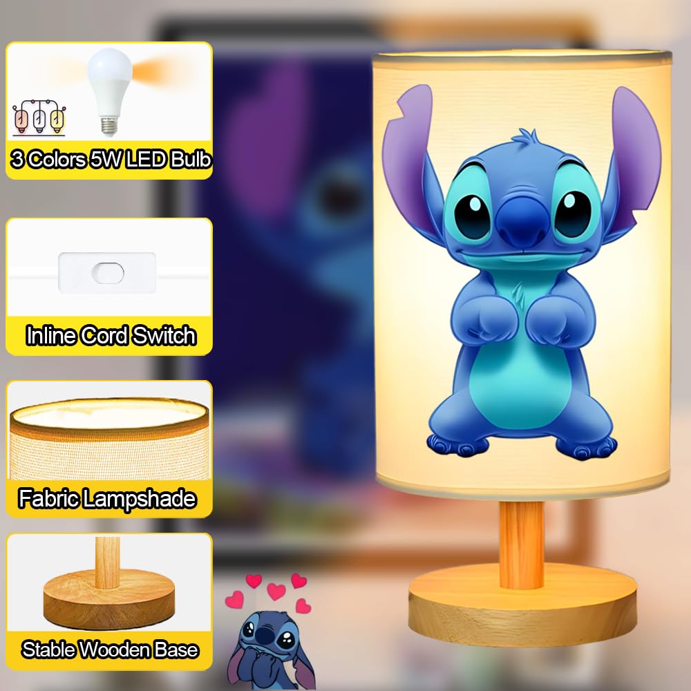 Sapouni Cute Bedside Table Lamp - LED Wood Base Flaxen Shade, 3 Colors, Model A, Perfect for Kids Room and Christmas Decor