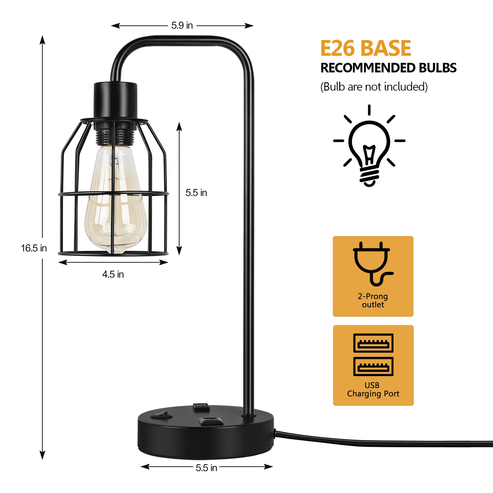 BTY Industrial Table Lamp Set of 2 with USB Charging Ports, Metal Wire Cage, Black, CAGE 3, for Bedroom Living Room