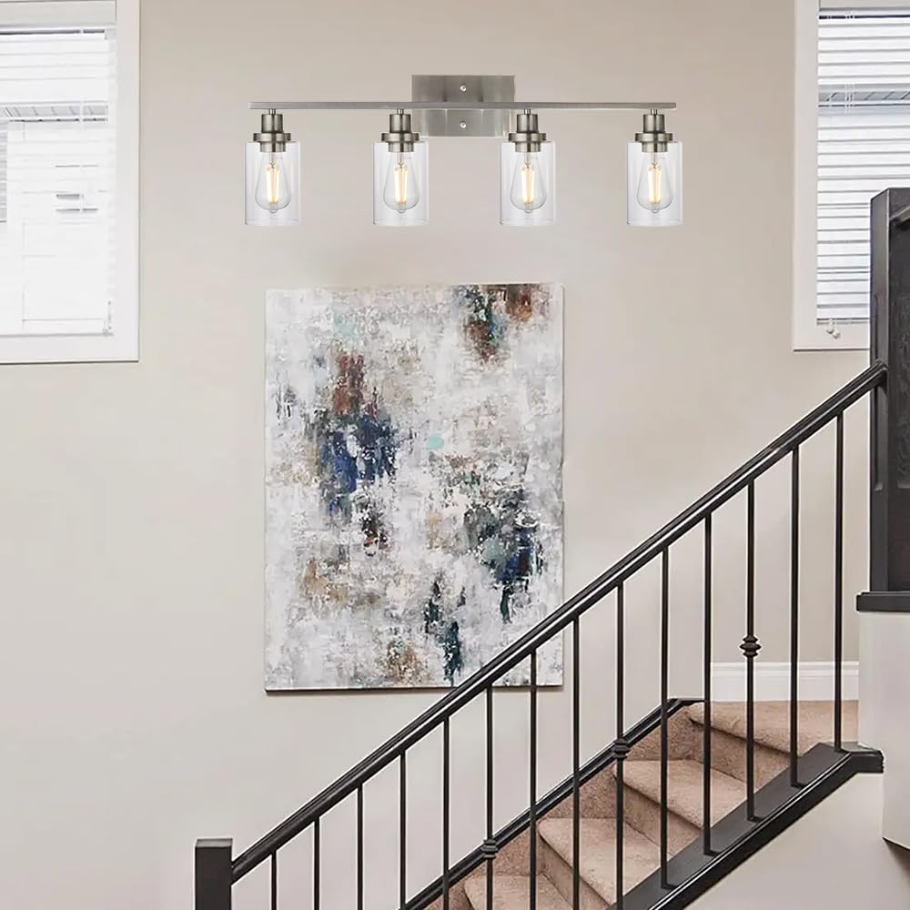 MELUCEE Bathroom Light Fixtures 4-Light Brushed Nickel Vanity Lights with Clear Glass Shade Model 450-4W-SN