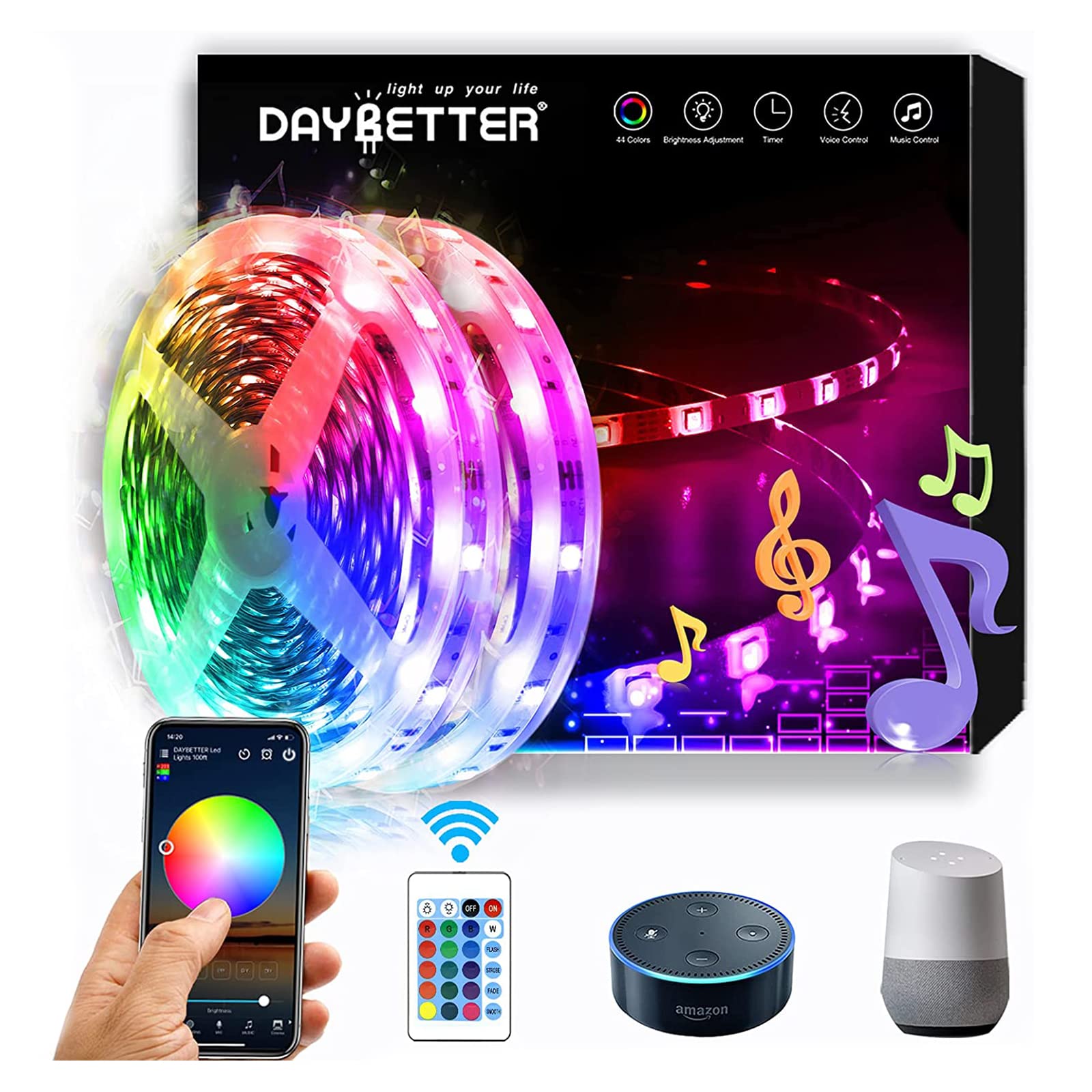 DAYBETTER RGB LED Strip Lights Kit, Smart WiFi, 100ft (2x50ft), Multicolor, Works with Alexa & Google Assistant, Model FLSLS50130ZJRGB