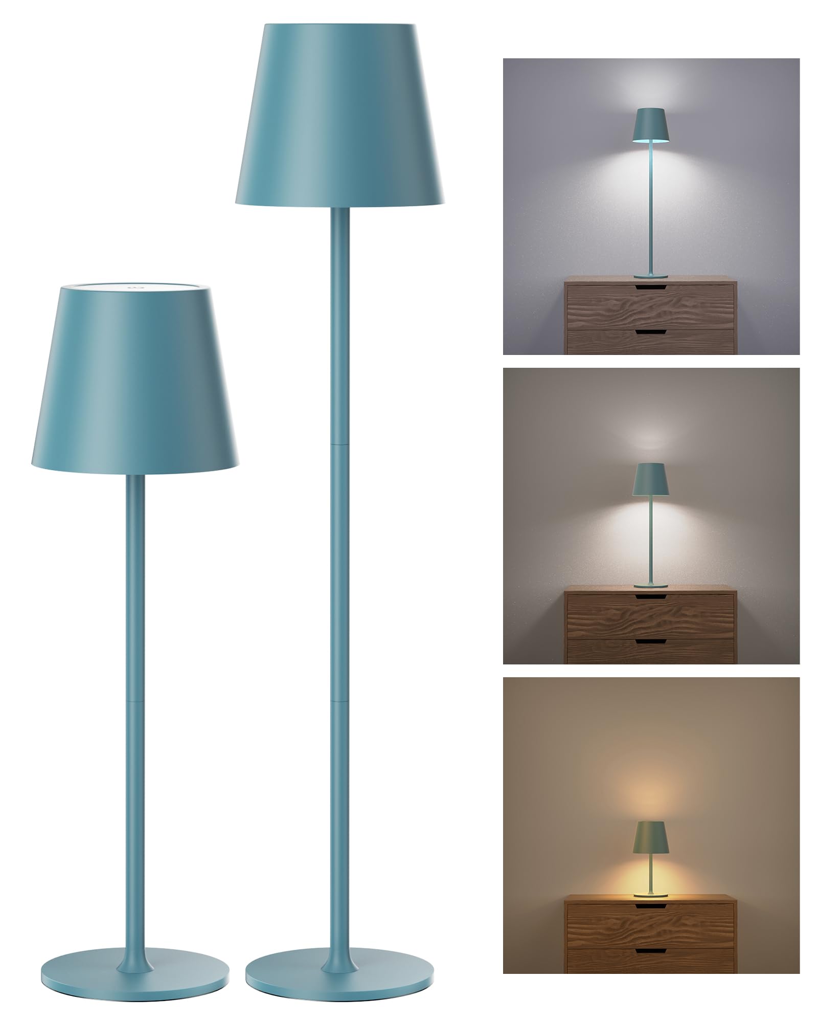 JACKYLED Cordless Table Lamps, Rechargeable, 5000mAh Battery, 3 Colors Dimming, 2 Pack-Round Base, Lake Blue