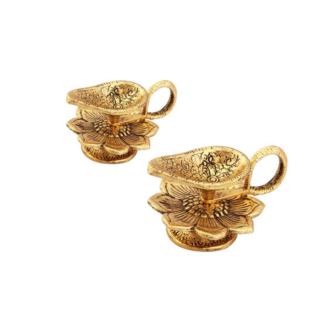 Handicrafts Paradise Antique Gold Plated Metal Diya Pair, 3X3 Inches, Golden, Model Oxm18145