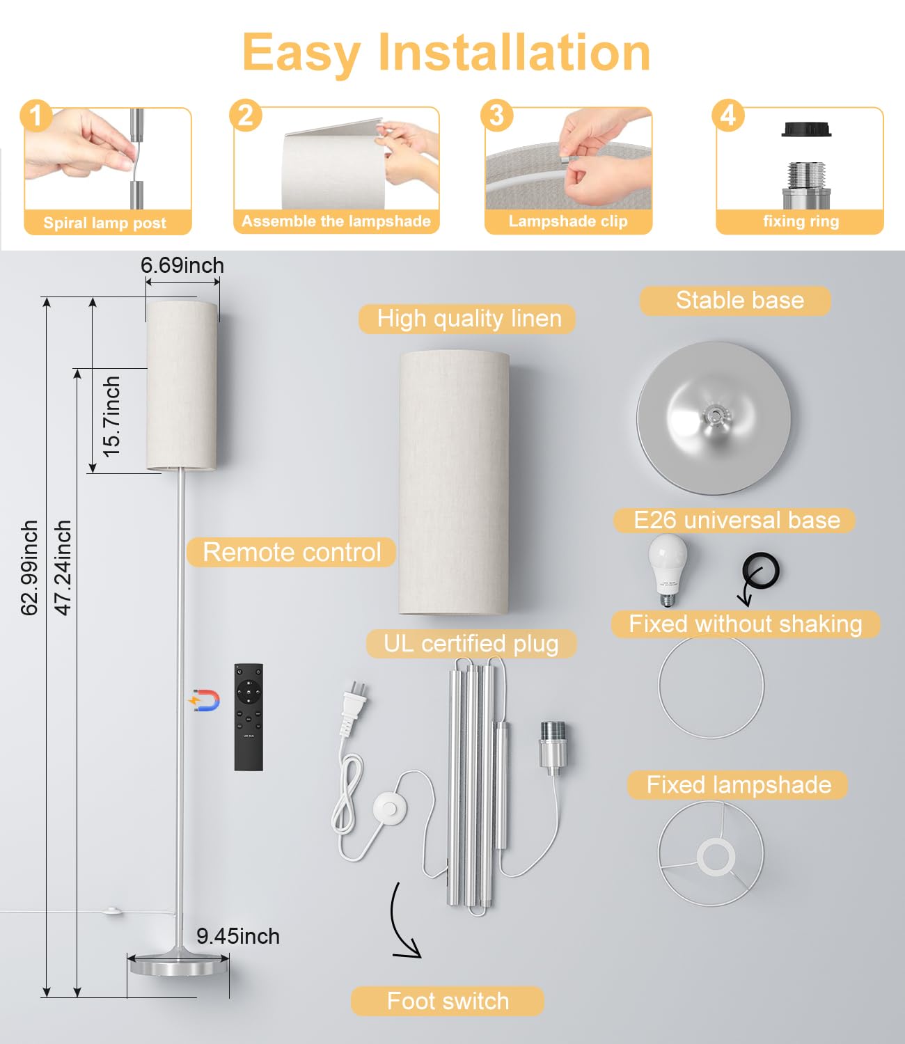 Luckystyle Led Floor Lamp For Living Room, Dimmable Standing Lamps With Foot Switch,Remote Custom Color Temperature Silver Pole