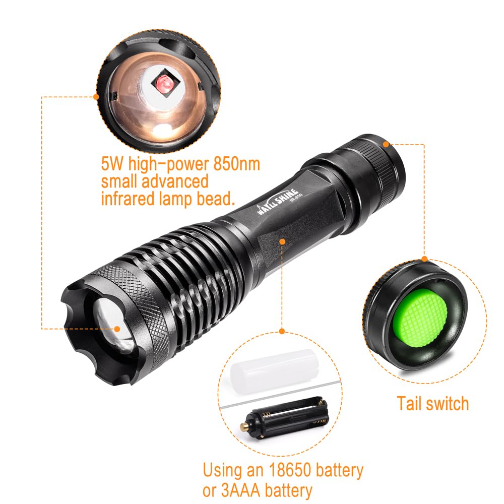 WAYLLSHINE 850nm IR Illuminator Night Vision Flashlight, Infrared Illuminator for Night Vision Camera Device