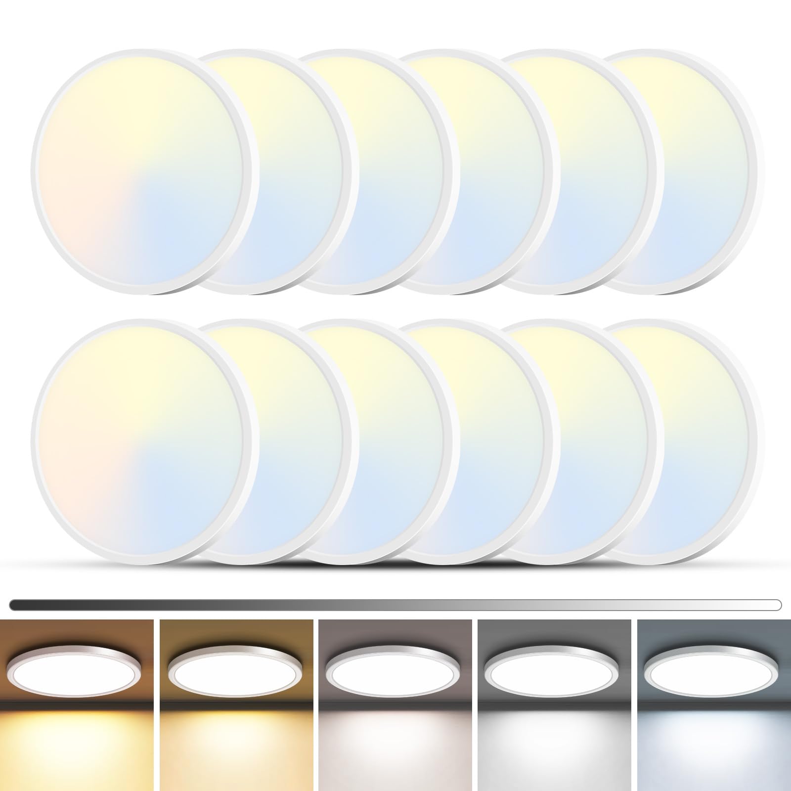 zemty 12Pack LED Flush Mount Ceiling Light  12Inch 24W Dimmable Ceiling Lights Fixture  5 Color Temperatures (3000K-6500K) White Round Ceiling Lamp for Bedroom  Kitchen  Hallway Bathroom