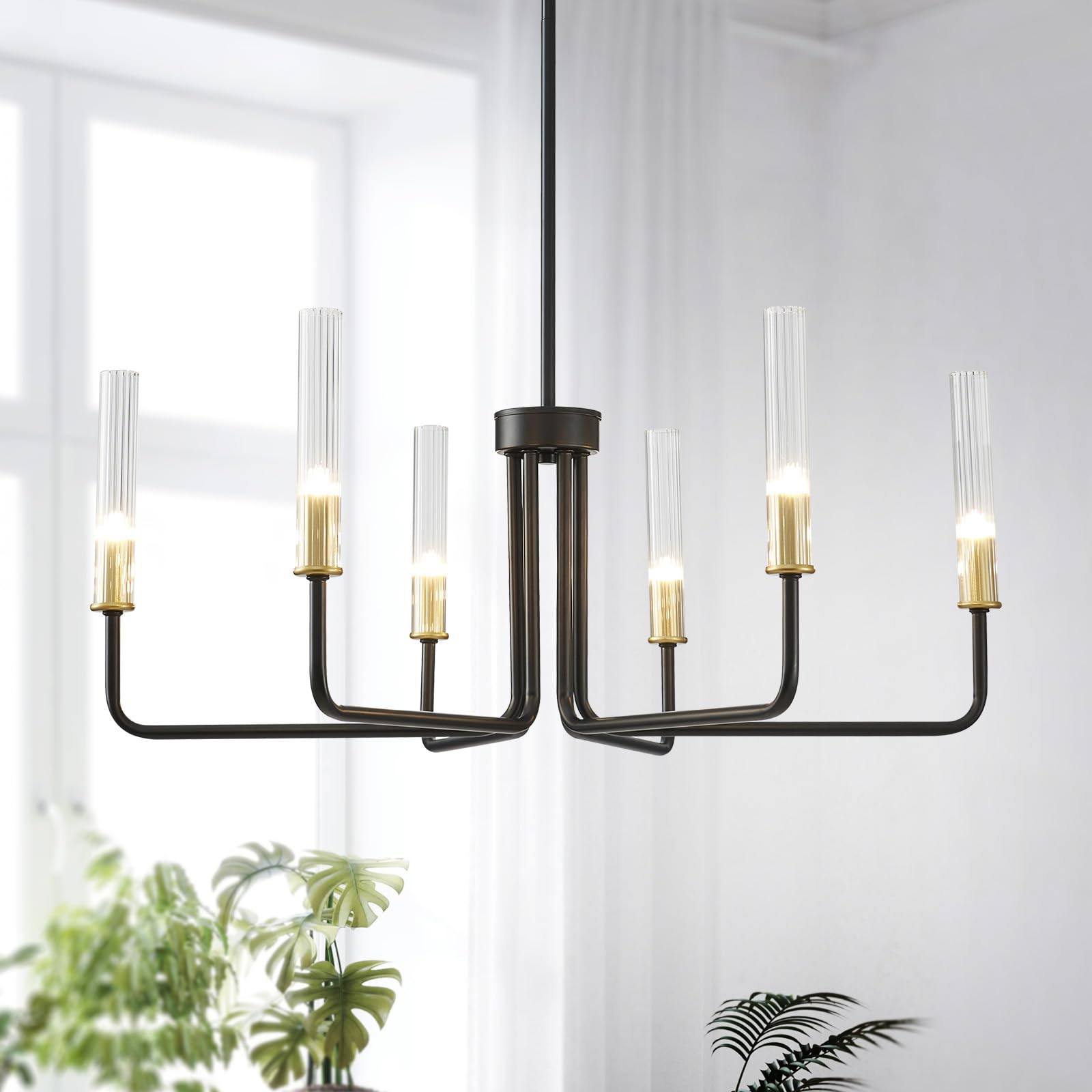 Saint Mossi Black Wagon Wheel Chandelier for Dinning Room, Modern Pendant Light Fixture with Glass Shades for Living Room, Entry